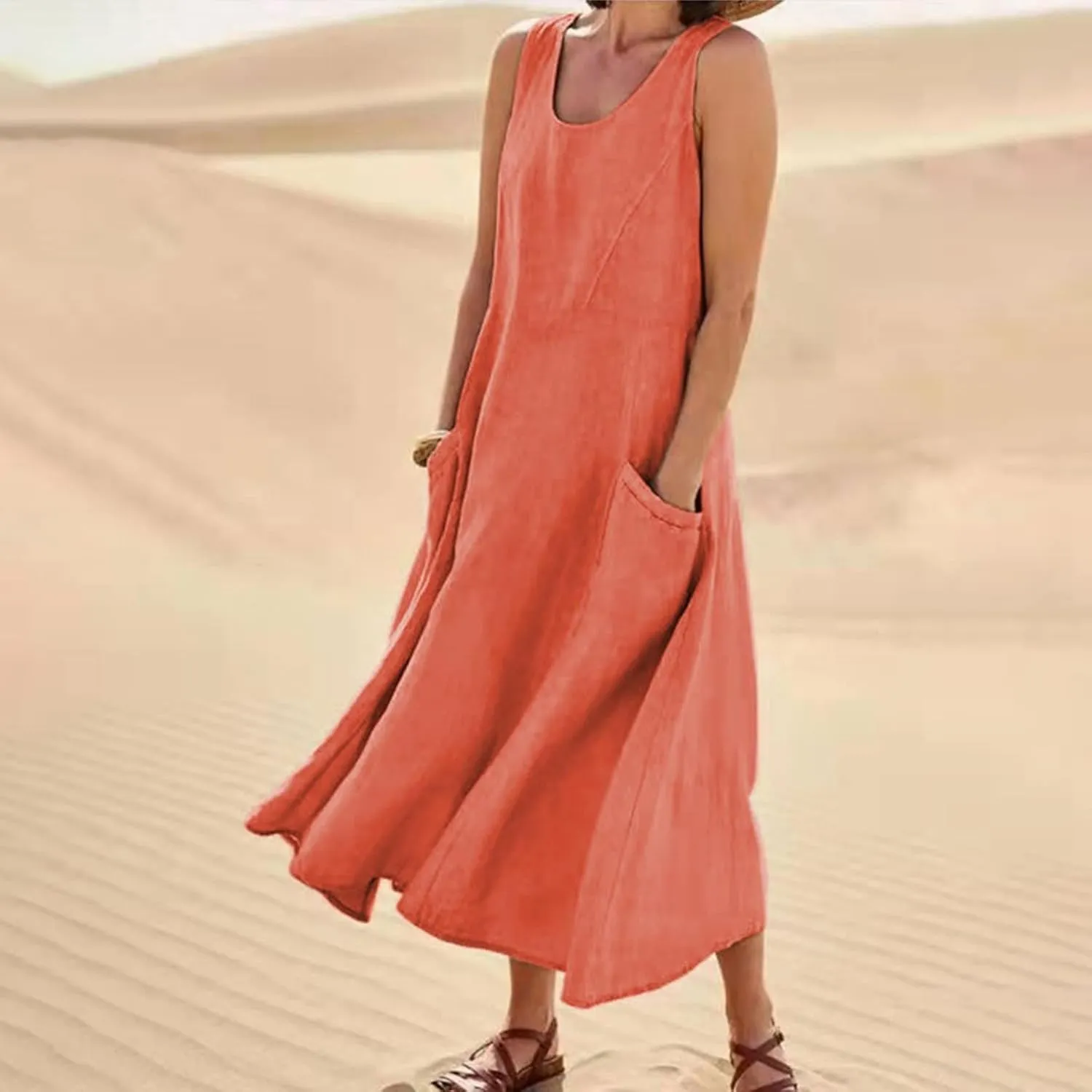 Women's Summer Cotton Linen Sleeveless Maxi Flowy Dresses Plus Size Loose Comfy Elegant Dress with Pockets