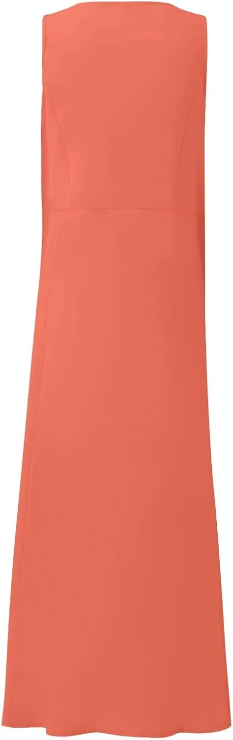 Women's Summer Cotton Linen Sleeveless Maxi Flowy Dresses Plus Size Loose Comfy Elegant Dress with Pockets