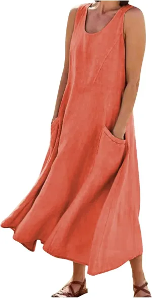 Women's Summer Cotton Linen Sleeveless Maxi Flowy Dresses Plus Size Loose Comfy Elegant Dress with Pockets