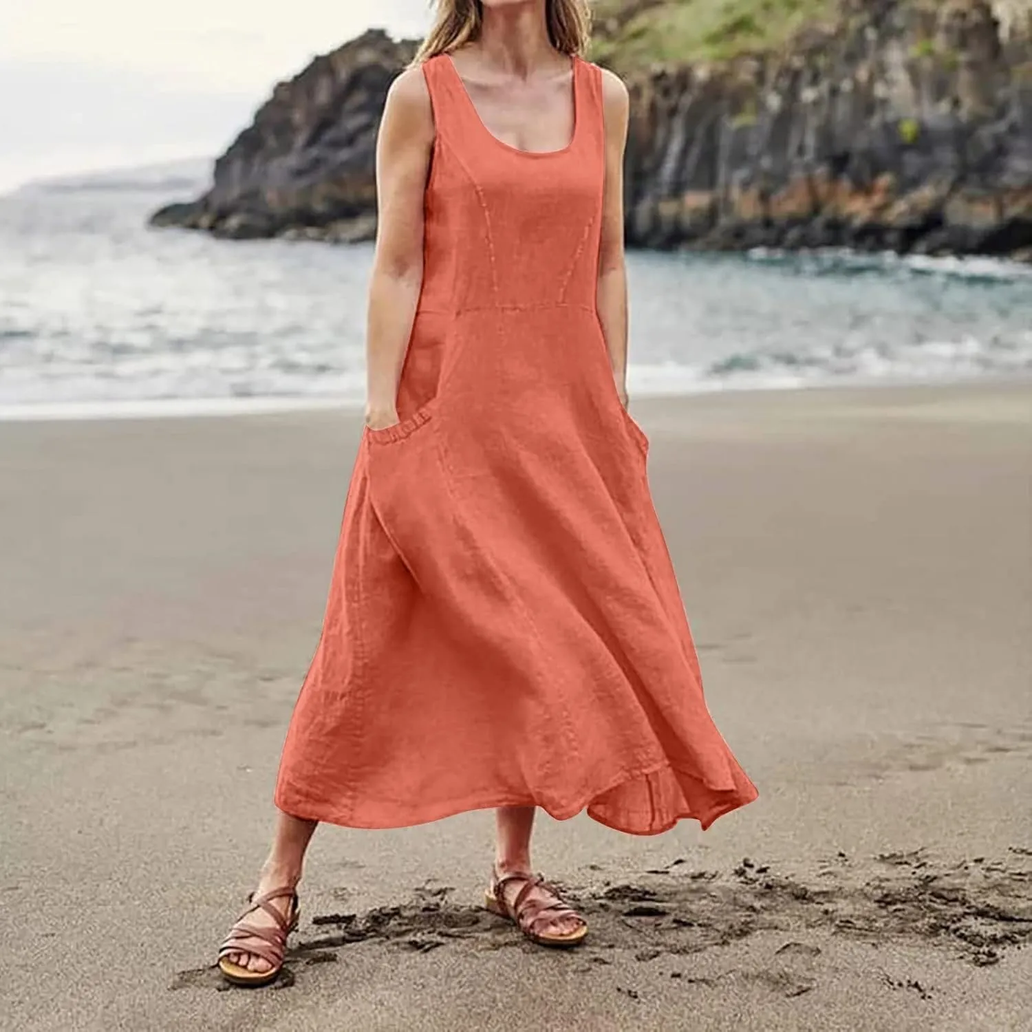 Women's Summer Cotton Linen Sleeveless Maxi Flowy Dresses Plus Size Loose Comfy Elegant Dress with Pockets