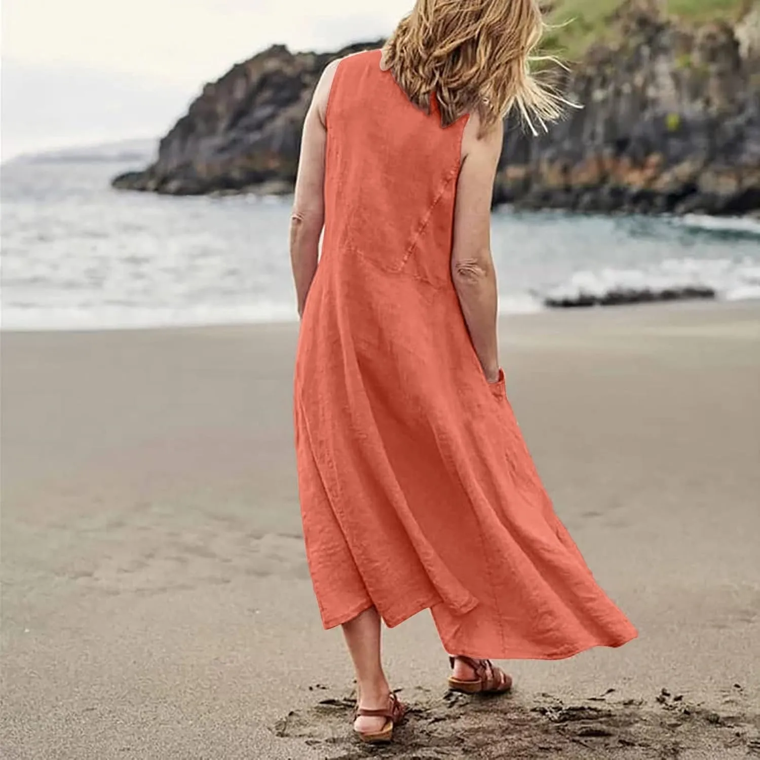 Women's Summer Cotton Linen Sleeveless Maxi Flowy Dresses Plus Size Loose Comfy Elegant Dress with Pockets