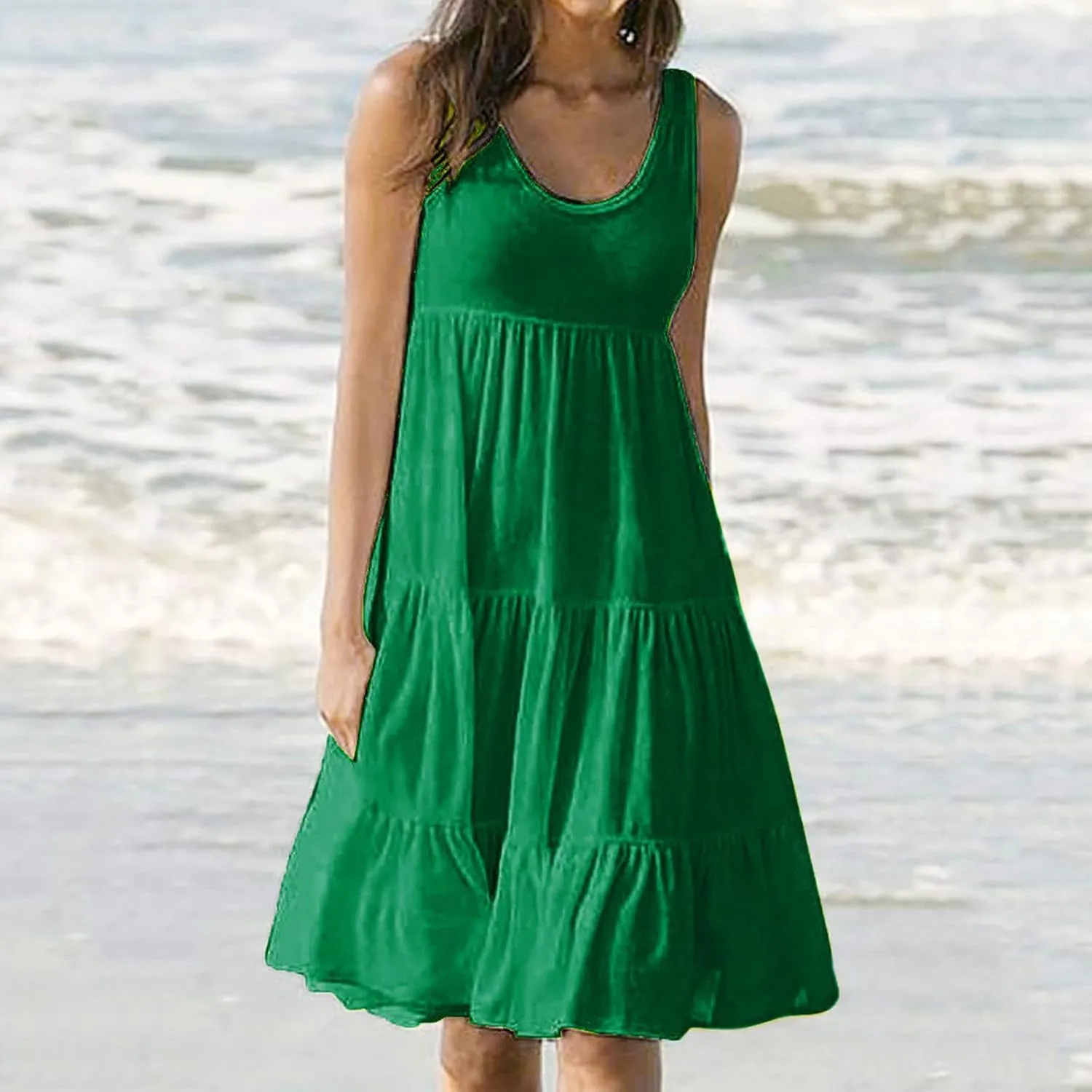Womens Summer Dresses Casual Elegant Smocked Tiered Ruffle Beach Sundress Fashion Sleeveless Solid Tank Dress 2024