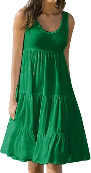 Womens Summer Dresses Casual Elegant Smocked Tiered Ruffle Beach Sundress Fashion Sleeveless Solid Tank Dress 2024