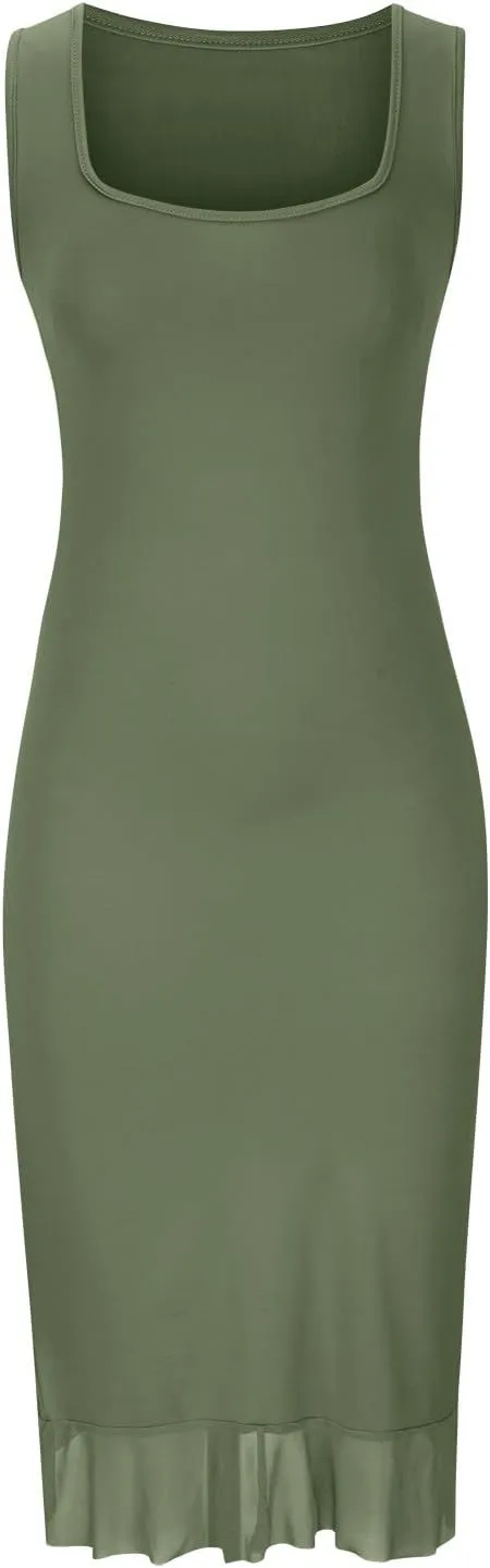 Women's Summer Midi Bodycon Dress Casual Slim Fit Sleeveless Ruffle Hem Cocktail Dresses Elegant Tank Dress