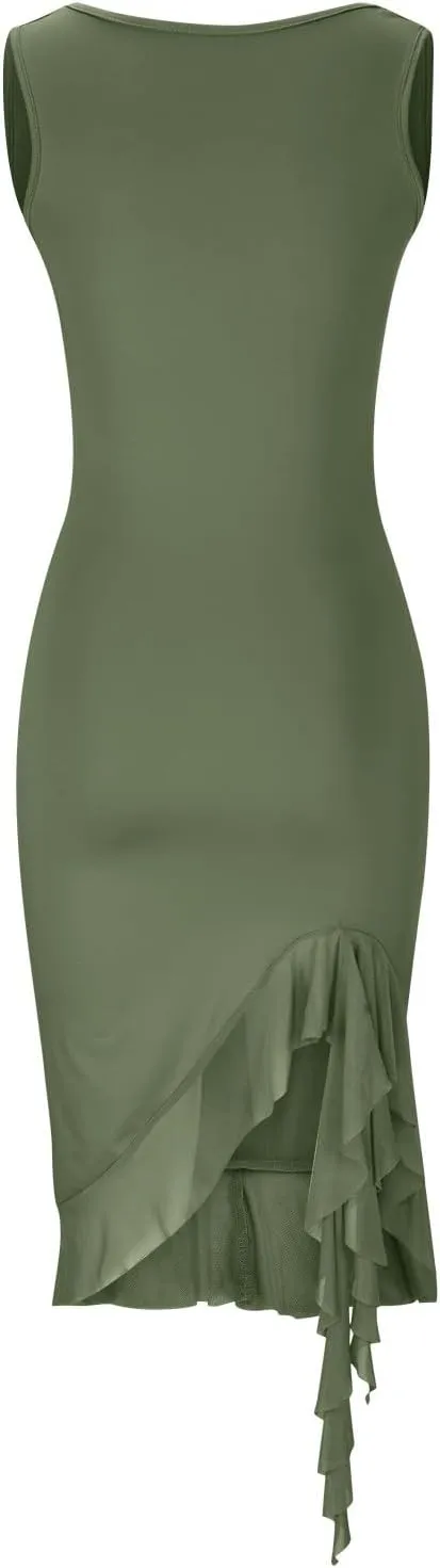 Women's Summer Midi Bodycon Dress Casual Slim Fit Sleeveless Ruffle Hem Cocktail Dresses Elegant Tank Dress