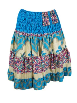 Womens Summer Ruched Elastic Skirt, Blue Floral Beach Trendy Skirts S/M