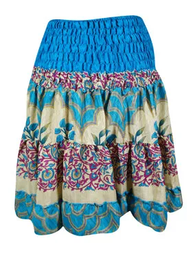 Womens Summer Ruched Elastic Skirt, Blue Floral Beach Trendy Skirts S/M