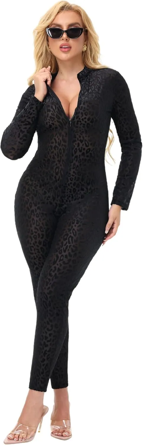 Women's V Neck Leopard Sheer Mesh Jumpsuit Outfits See Through Cocktail Club Party One Piece Jumpsuit Rompers