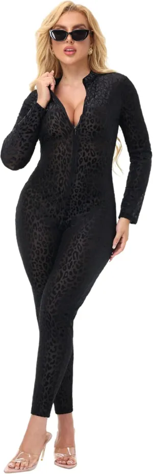 Women's V Neck Leopard Sheer Mesh Jumpsuit Outfits See Through Cocktail Club Party One Piece Jumpsuit Rompers