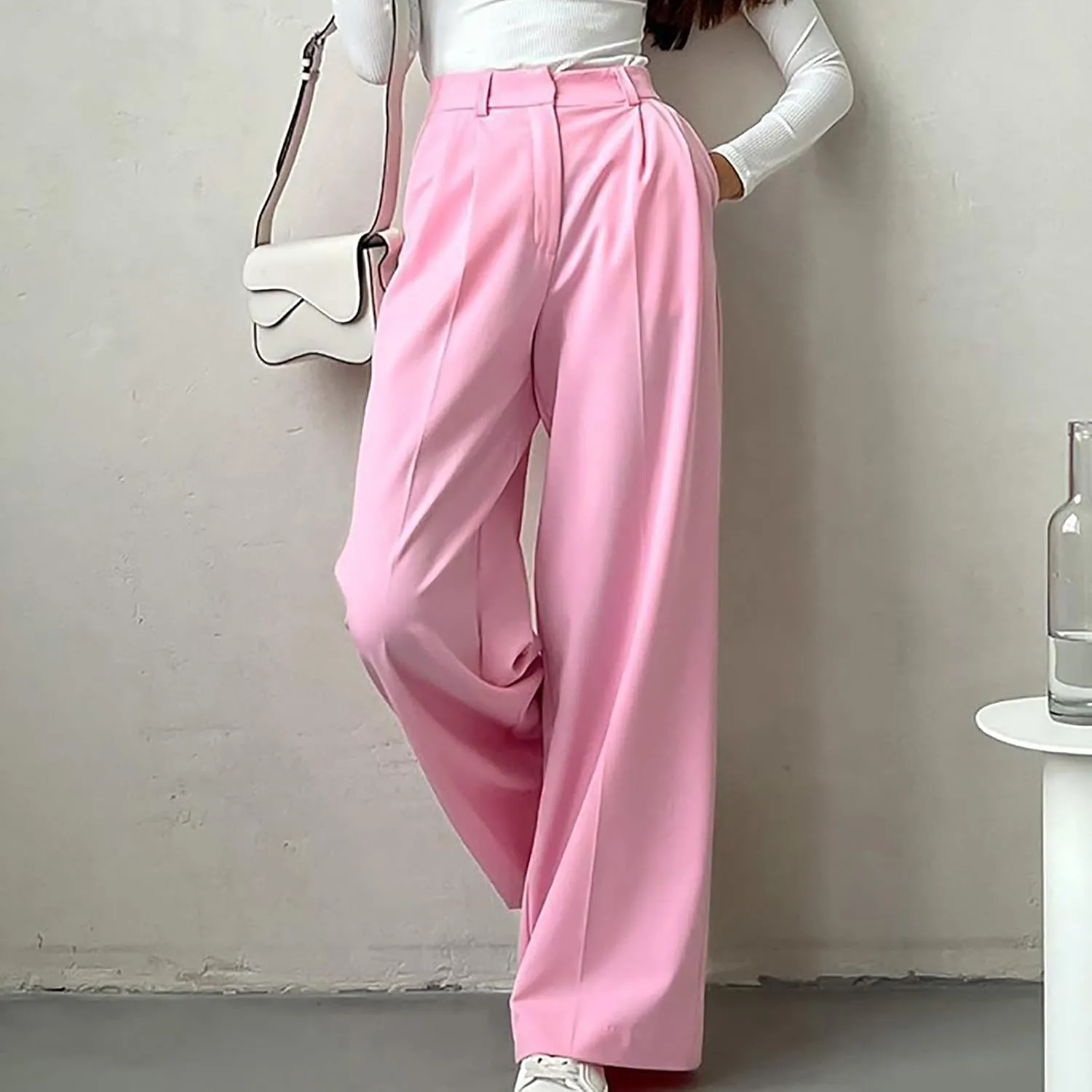 Y2k Dress Pants for Women Straight Elastic Scrub Pants Wide Leg High Waist Trousers Lounge Suit Pant for Work