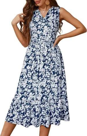 YATHON Womens Summer Sundress Notched Neck Slant A Line Tiered Midi Dresses with Pockets