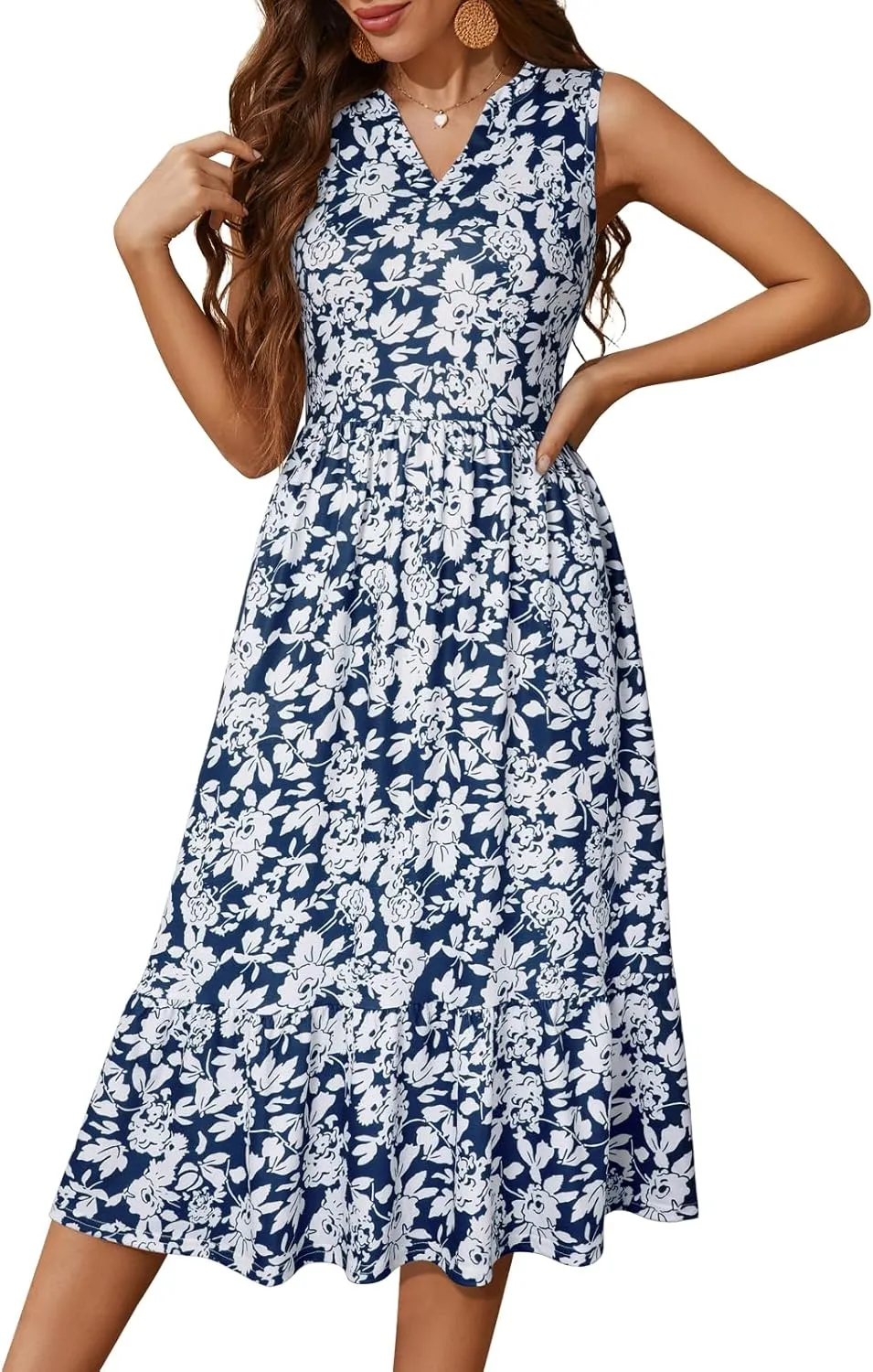 YATHON Womens Summer Sundress Notched Neck Slant A Line Tiered Midi Dresses with Pockets
