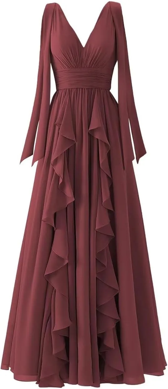 YUAOHUANG Chiffon Ruffle Hem Bridesmaid Dress 2024 V Neck Wedding Guest Dresses Long Spaghetti Straps with Elegant Bow
