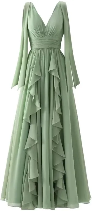 YUAOHUANG Chiffon Ruffle Hem Bridesmaid Dress 2024 V Neck Wedding Guest Dresses Long Spaghetti Straps with Elegant Bow