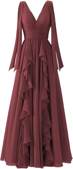YUAOHUANG Chiffon Ruffle Hem Bridesmaid Dress 2024 V Neck Wedding Guest Dresses Long Spaghetti Straps with Elegant Bow