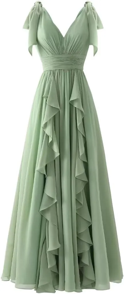 YUAOHUANG Chiffon Ruffle Hem Bridesmaid Dress 2024 V Neck Wedding Guest Dresses Long Spaghetti Straps with Elegant Bow