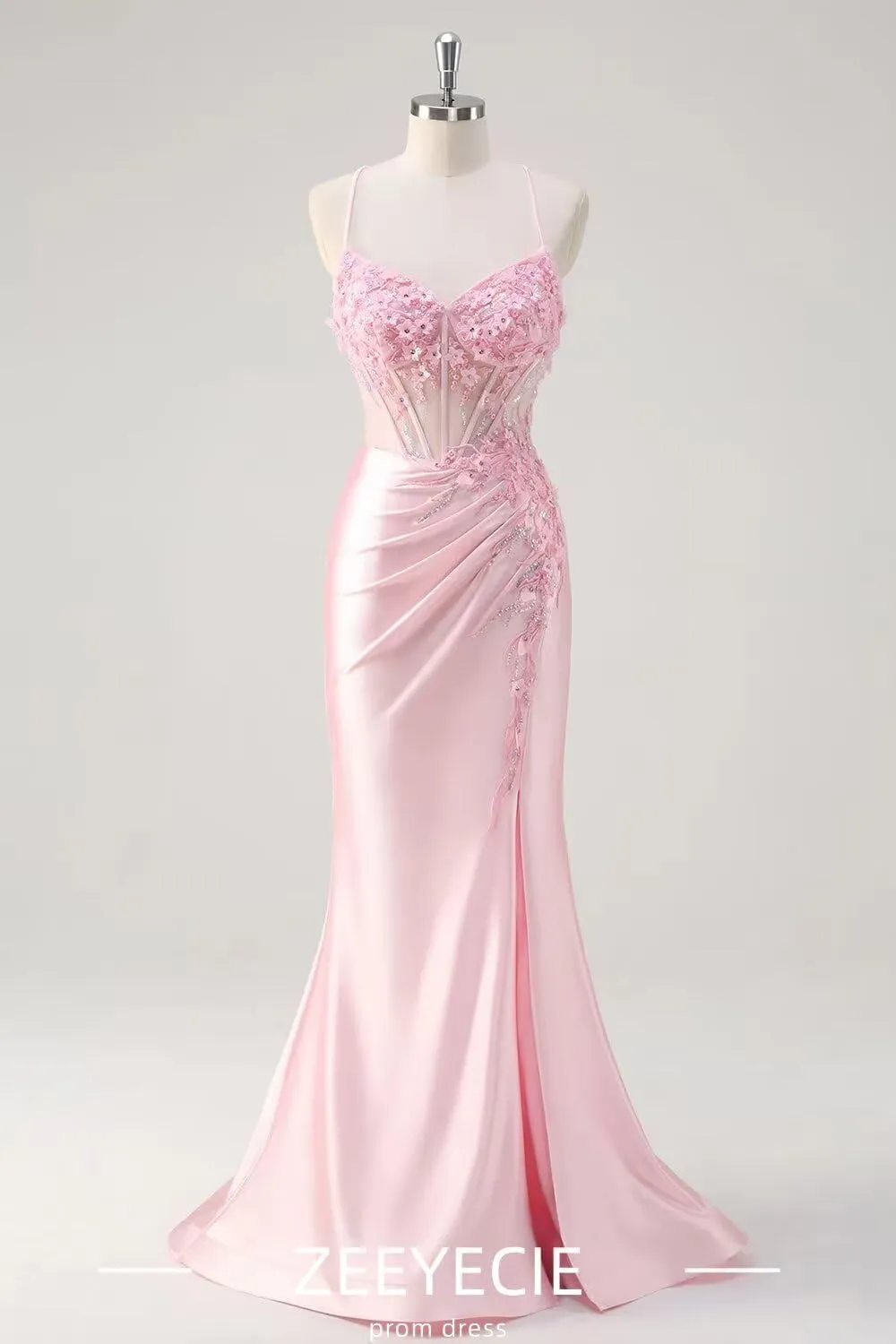 Zeeyecie V-Neck Satin Prom Dresses with Slit 3D Flower Beaded Sequin Sparkly Mermaid Long Evening Formal Ball Gowns
