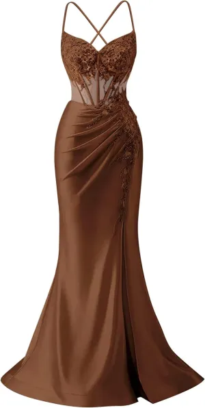 Zeeyecie V-Neck Satin Prom Dresses with Slit 3D Flower Beaded Sequin Sparkly Mermaid Long Evening Formal Ball Gowns