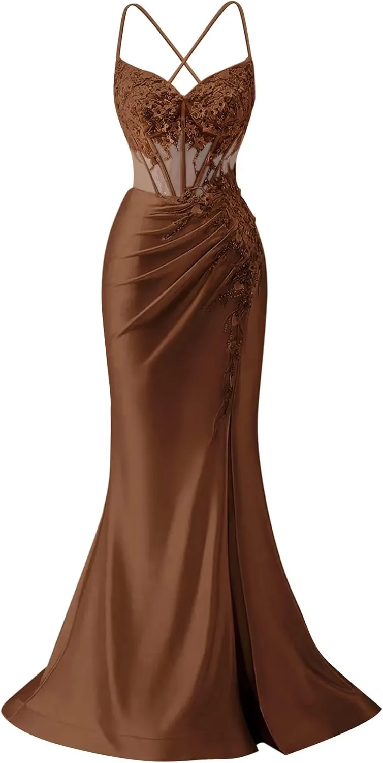 Zeeyecie V-Neck Satin Prom Dresses with Slit 3D Flower Beaded Sequin Sparkly Mermaid Long Evening Formal Ball Gowns