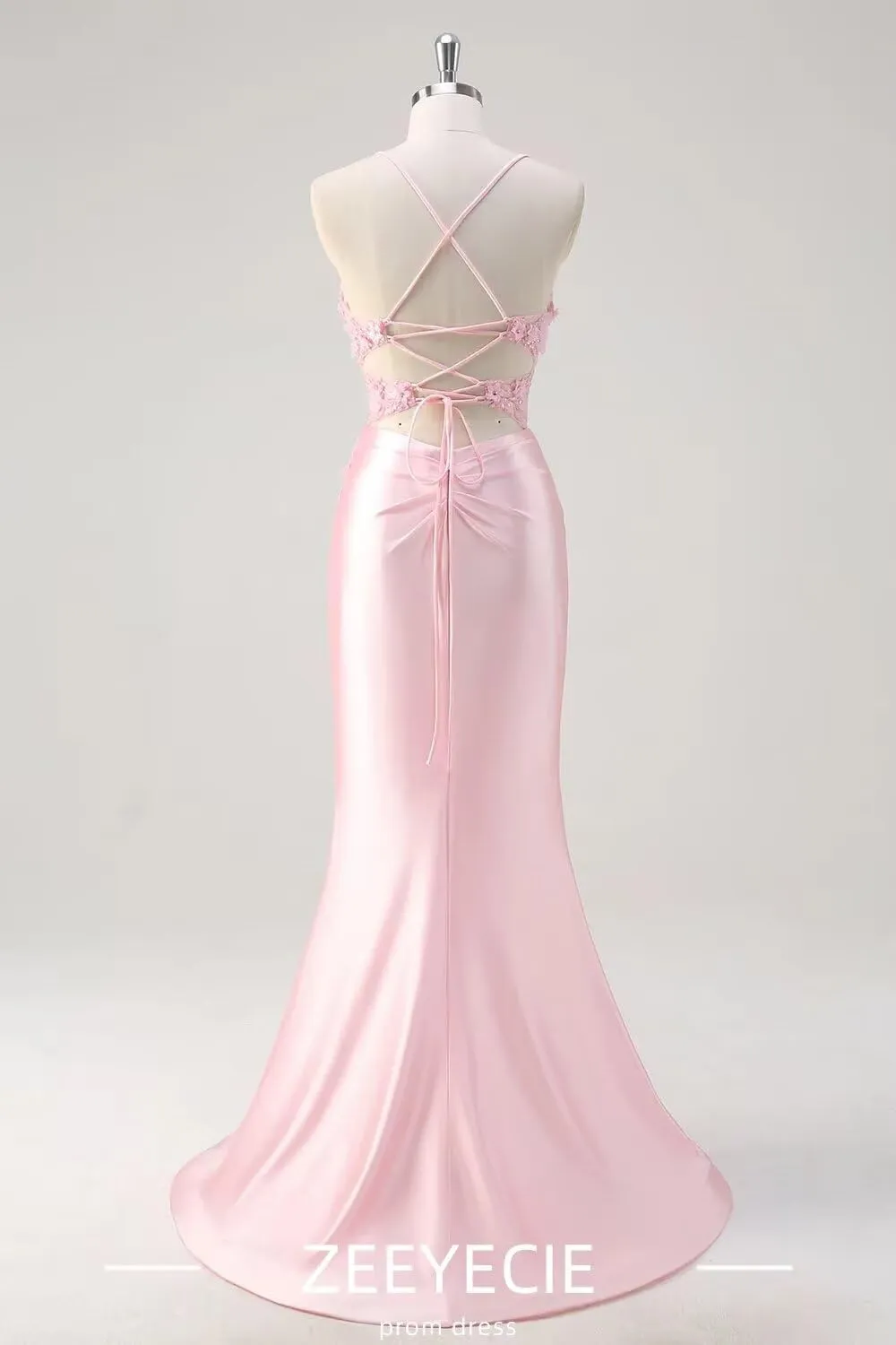 Zeeyecie V-Neck Satin Prom Dresses with Slit 3D Flower Beaded Sequin Sparkly Mermaid Long Evening Formal Ball Gowns