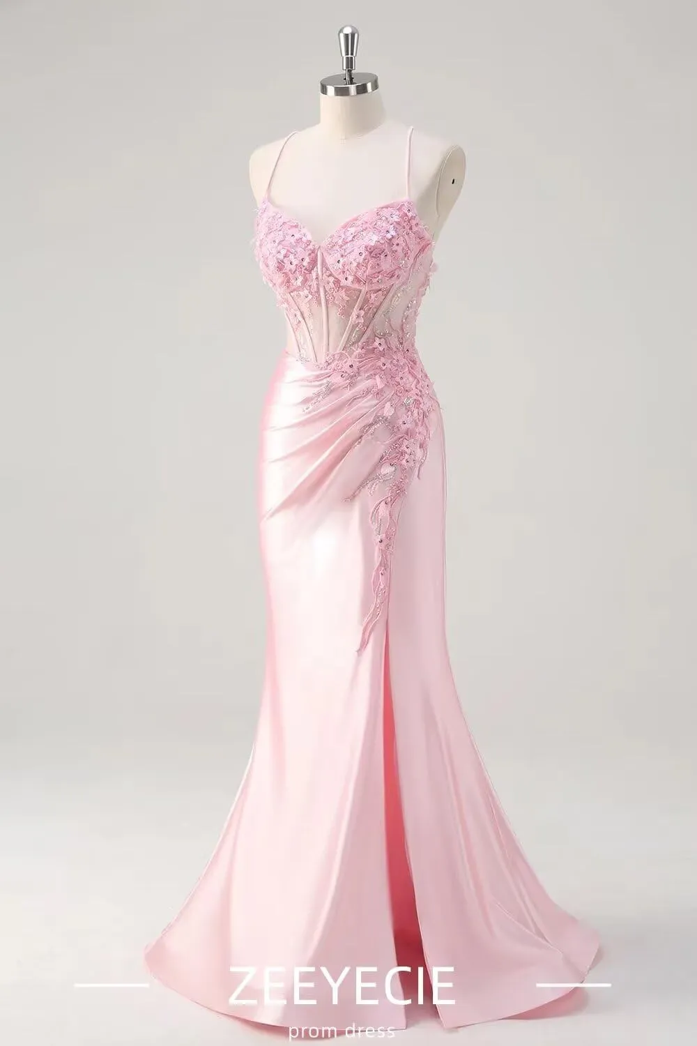 Zeeyecie V-Neck Satin Prom Dresses with Slit 3D Flower Beaded Sequin Sparkly Mermaid Long Evening Formal Ball Gowns